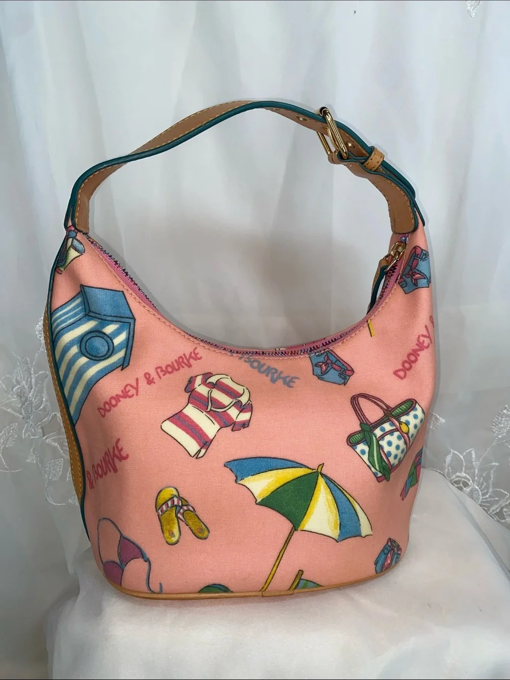 Vintage Dooney & Bourke Pink Miami Beach-Print Hobo with Teal Trim